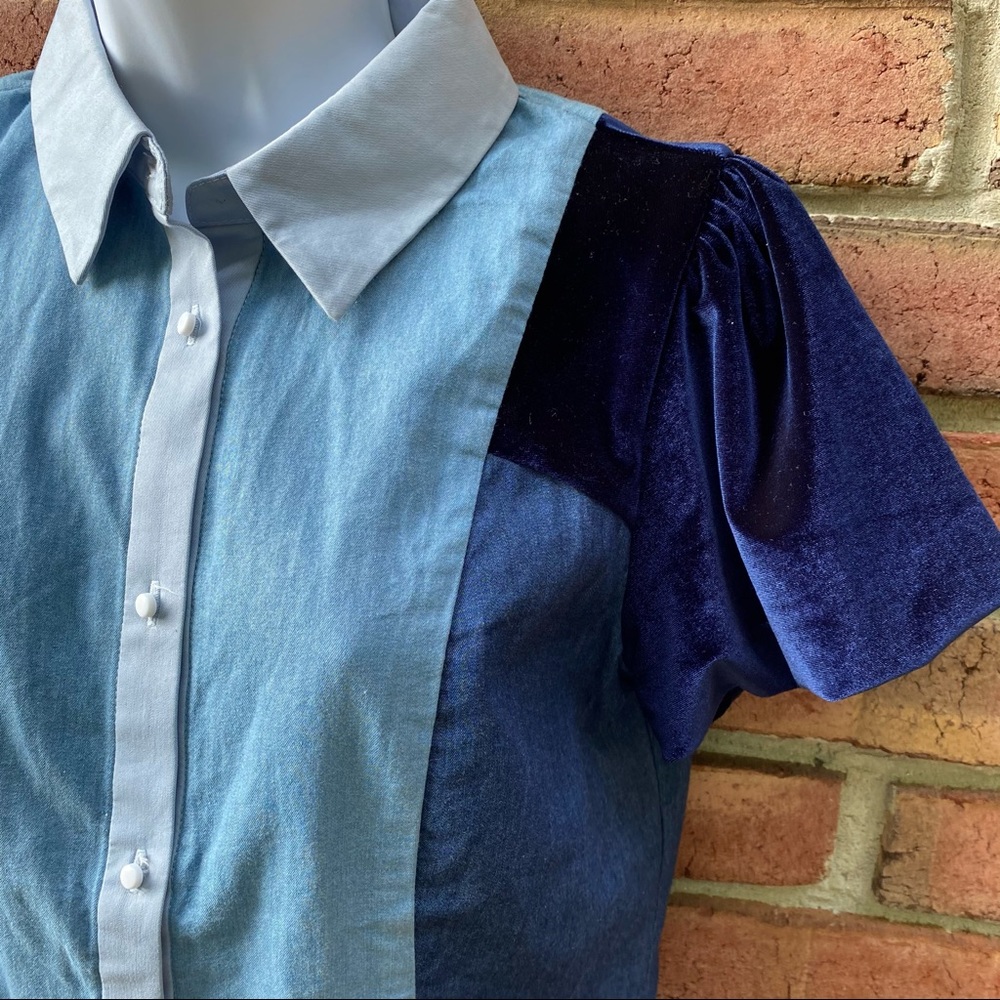 Blue Color Block Velvet & Chambray Button Shirt S - image 3